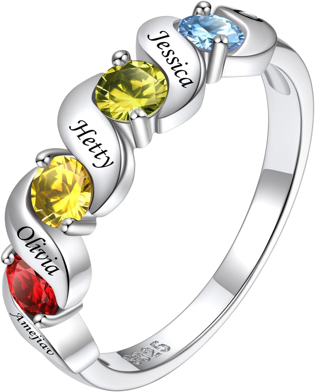 Sterling Silver Personalized Mothers Ring with 4 Birthstones for Mom Engraved Name Ring for Women Promise Rings for Her Custom Family Ring for Wife Grandmother Jewelry Gifts : Clothing, Shoes & Jewelry