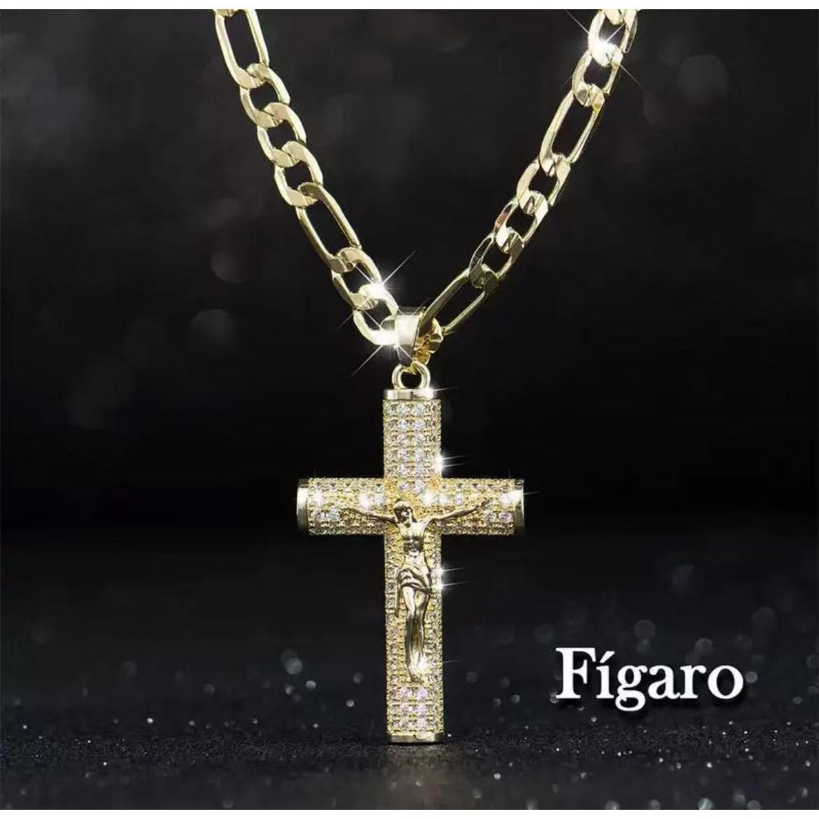 Iced-Out Jesus Cross Figaro Chain Necklace: Faith Meets Unapologetic Bling