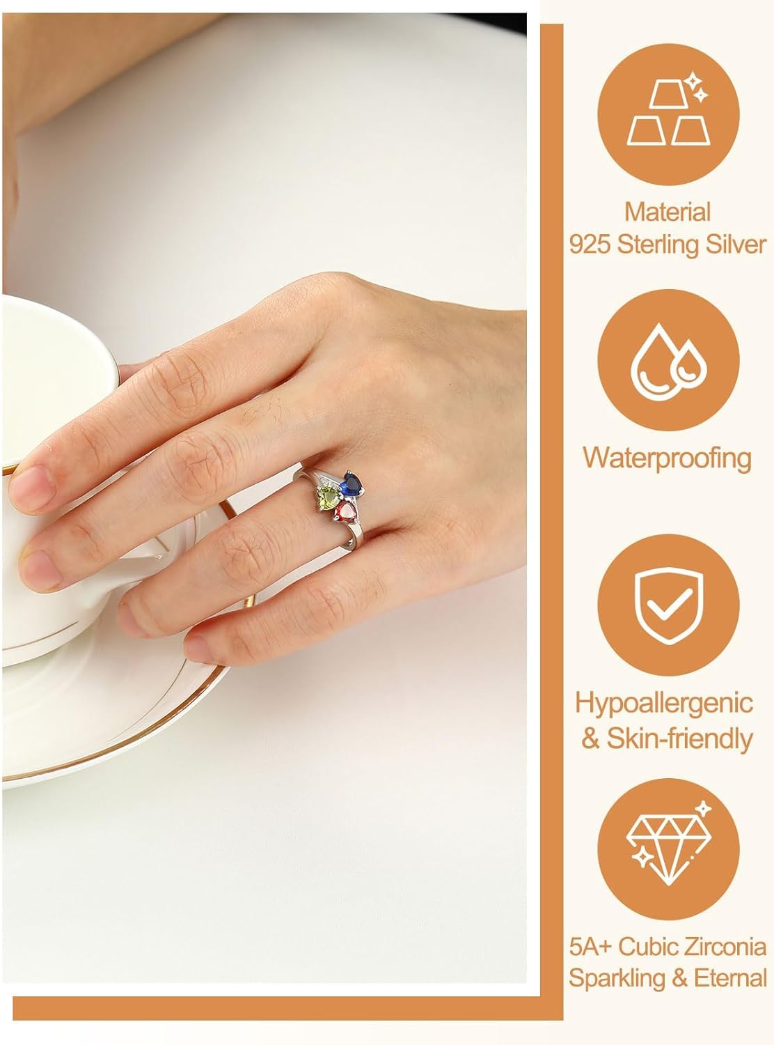 Personalized Family Ring with 3 Birthstones Customized 925 Sterling Silver Ring with Names Crystal AAA+ Cubic Zirconia Stones Jewelry Elegant Finger Decoration for Women : Clothing, Shoes & Jewelry