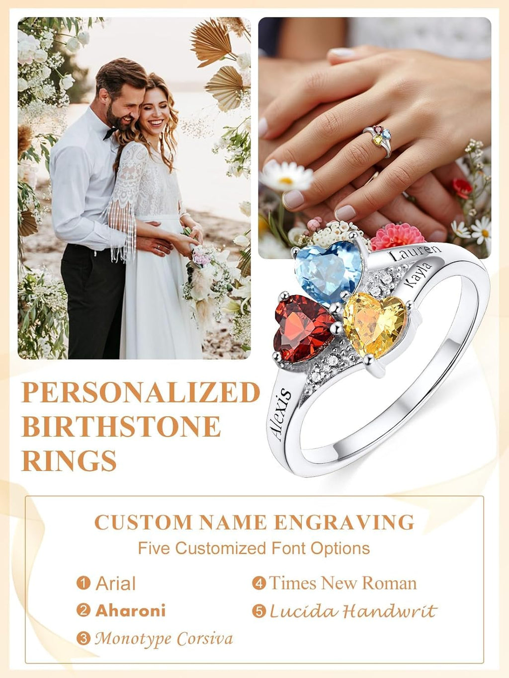 Personalized Family Ring with 3 Birthstones Customized 925 Sterling Silver Ring with Names Crystal AAA+ Cubic Zirconia Stones Jewelry Elegant Finger Decoration for Women : Clothing, Shoes & Jewelry