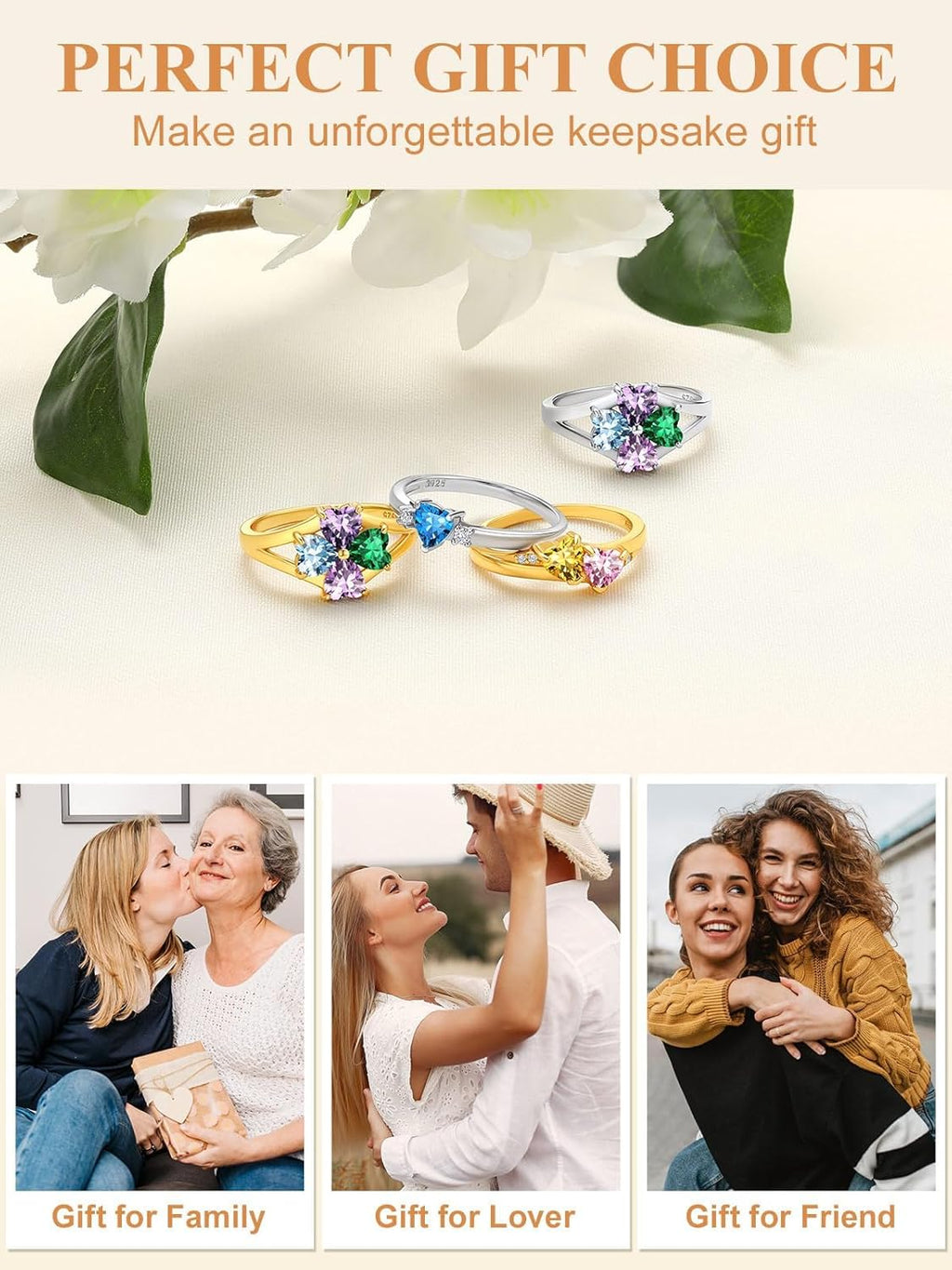 Personalized Family Ring with 3 Birthstones Customized 925 Sterling Silver Ring with Names Crystal AAA+ Cubic Zirconia Stones Jewelry Elegant Finger Decoration for Women : Clothing, Shoes & Jewelry