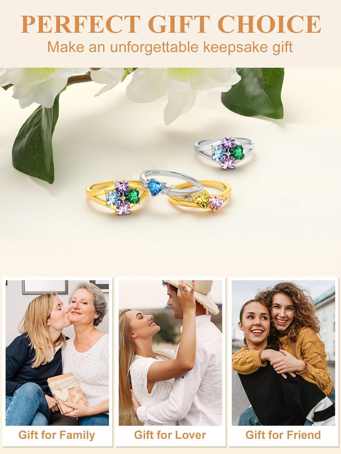 Personalized Family Ring with 3 Birthstones Customized 925 Sterling Silver Ring with Names Crystal AAA+ Cubic Zirconia Stones Jewelry Elegant Finger Decoration for Women : Clothing, Shoes & Jewelry