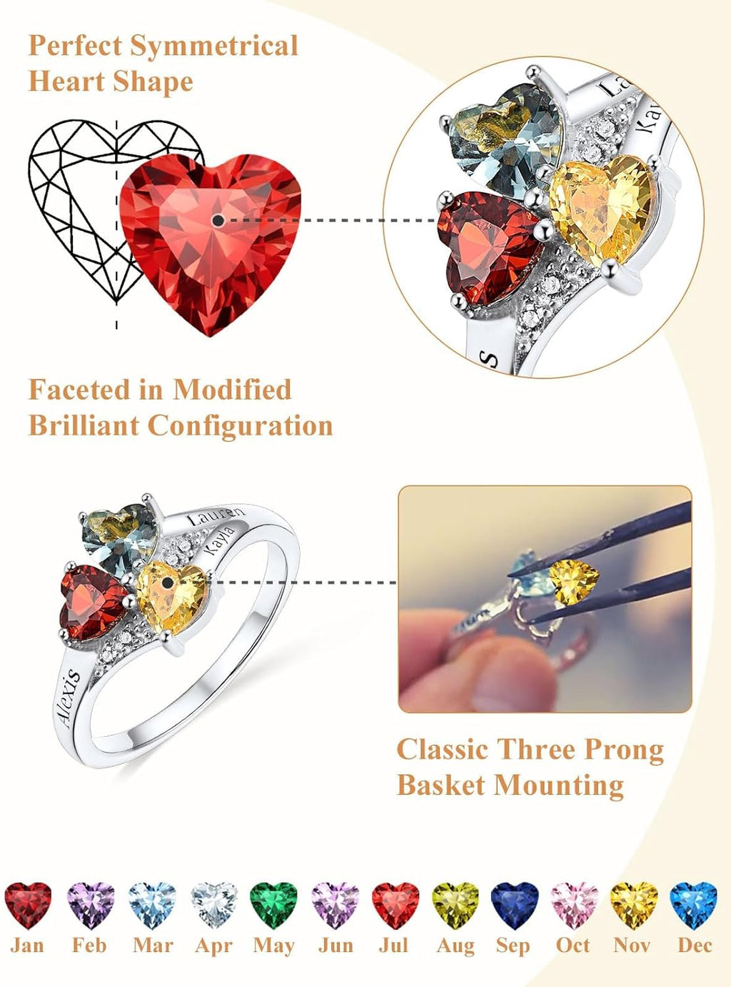 Personalized Family Ring with 3 Birthstones Customized 925 Sterling Silver Ring with Names Crystal AAA+ Cubic Zirconia Stones Jewelry Elegant Finger Decoration for Women : Clothing, Shoes & Jewelry
