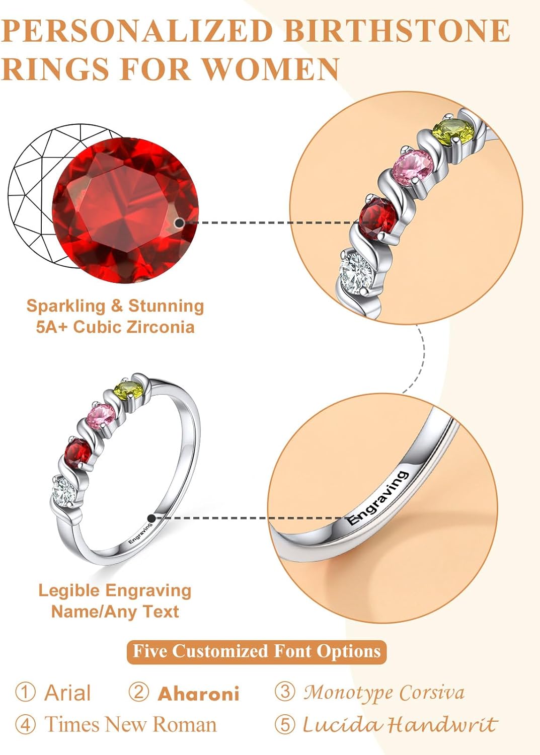 Sterling Silver Personalized Mothers Ring with 4 Birthstones for Mom Engraved Name Ring for Women Promise Rings for Her Custom Family Ring for Wife Grandmother Jewelry Gifts : Clothing, Shoes & Jewelry