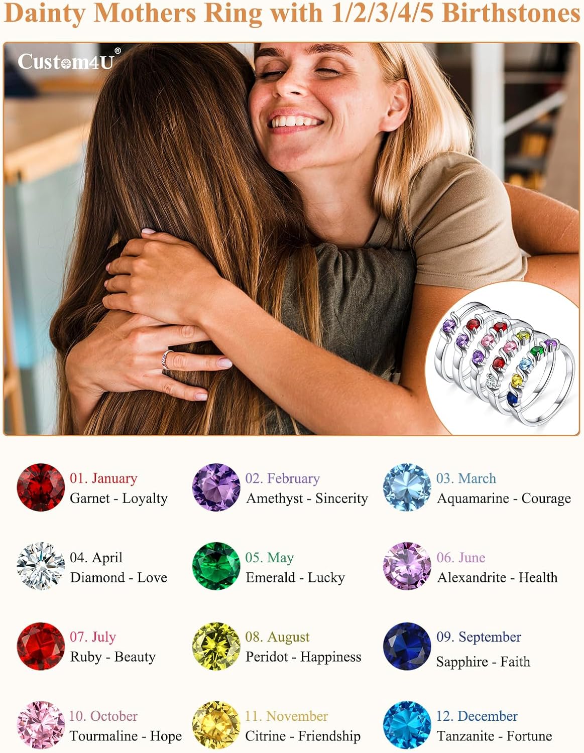 Sterling Silver Personalized Mothers Ring with 4 Birthstones for Mom Engraved Name Ring for Women Promise Rings for Her Custom Family Ring for Wife Grandmother Jewelry Gifts : Clothing, Shoes & Jewelry