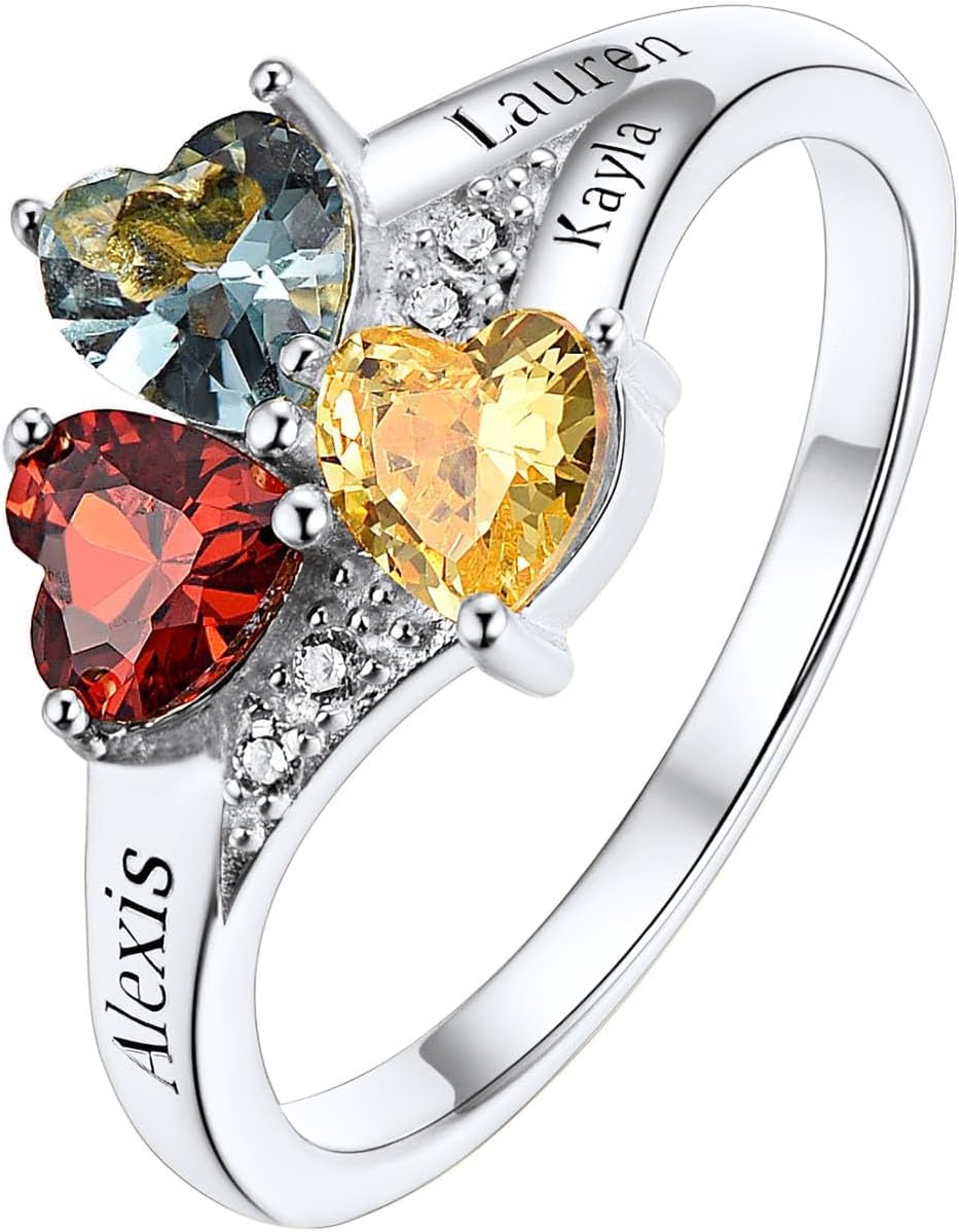 Personalized Family Ring with 3 Birthstones Customized 925 Sterling Silver Ring with Names Crystal AAA+ Cubic Zirconia Stones Jewelry Elegant Finger Decoration for Women : Clothing, Shoes & Jewelry