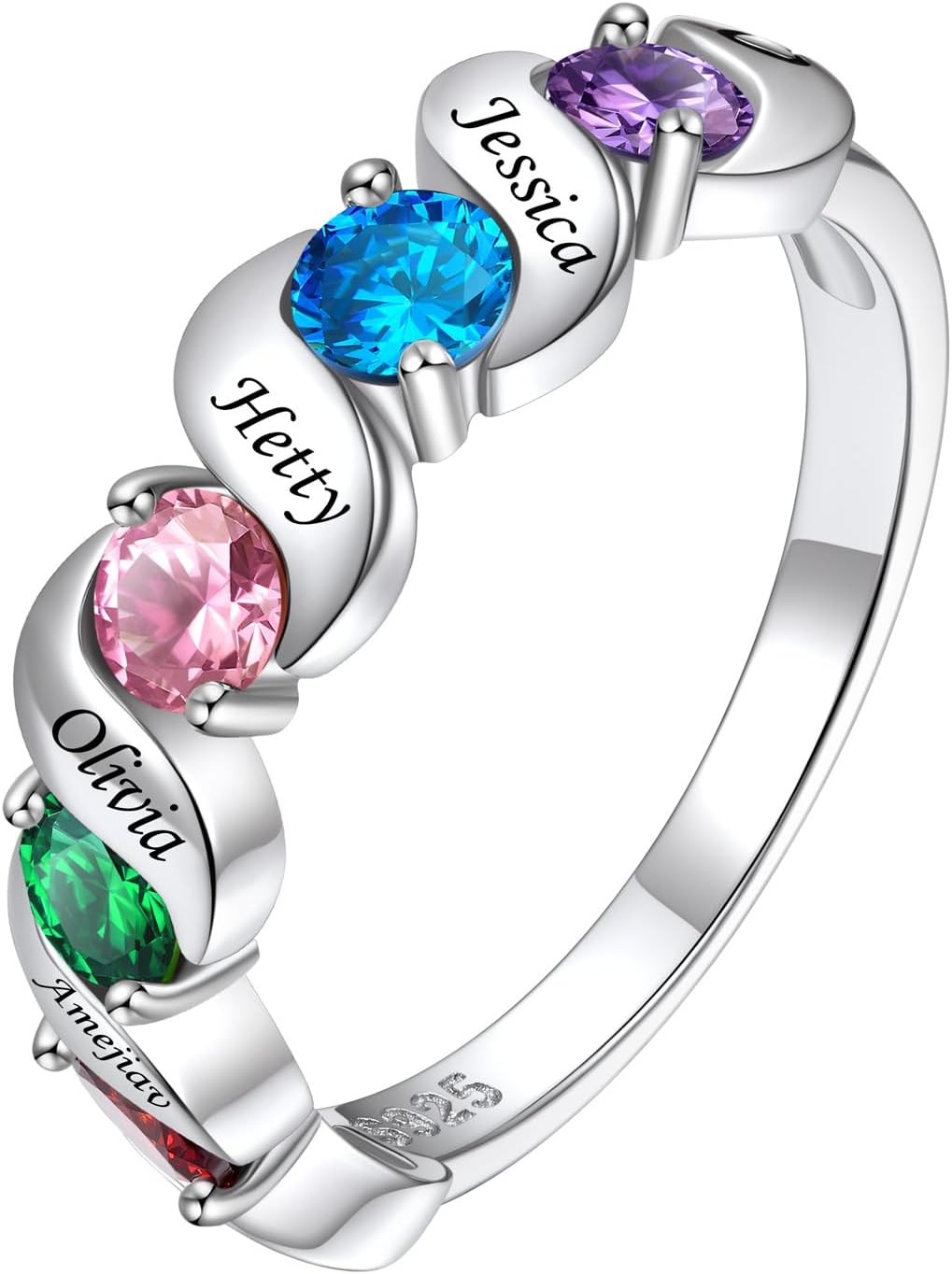 Sterling Silver Personalized Mothers Ring with 4 Birthstones for Mom Engraved Name Ring for Women Promise Rings for Her Custom Family Ring for Wife Grandmother Jewelry Gifts : Clothing, Shoes & Jewelry